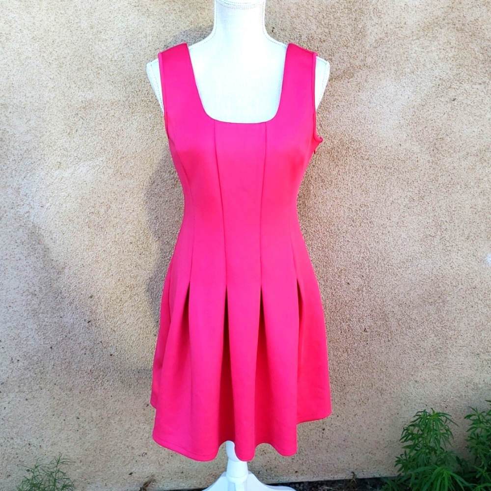 Boston Proper pink scuba fit and flare forget me knot dress